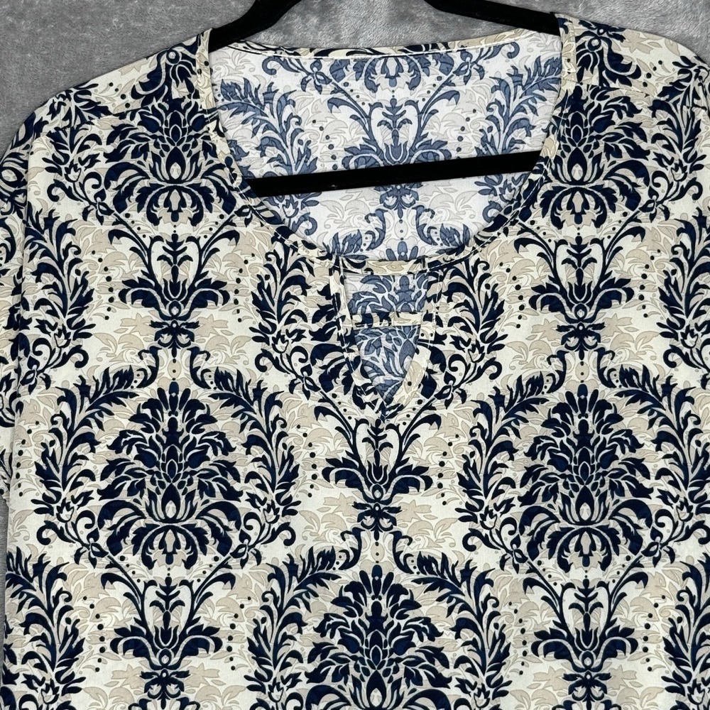 Emery Rose 3X Top Shirt Tan Blue Paisley Cap Short Sleeve Keyhole Scoop Neck - Picture 3 of 6